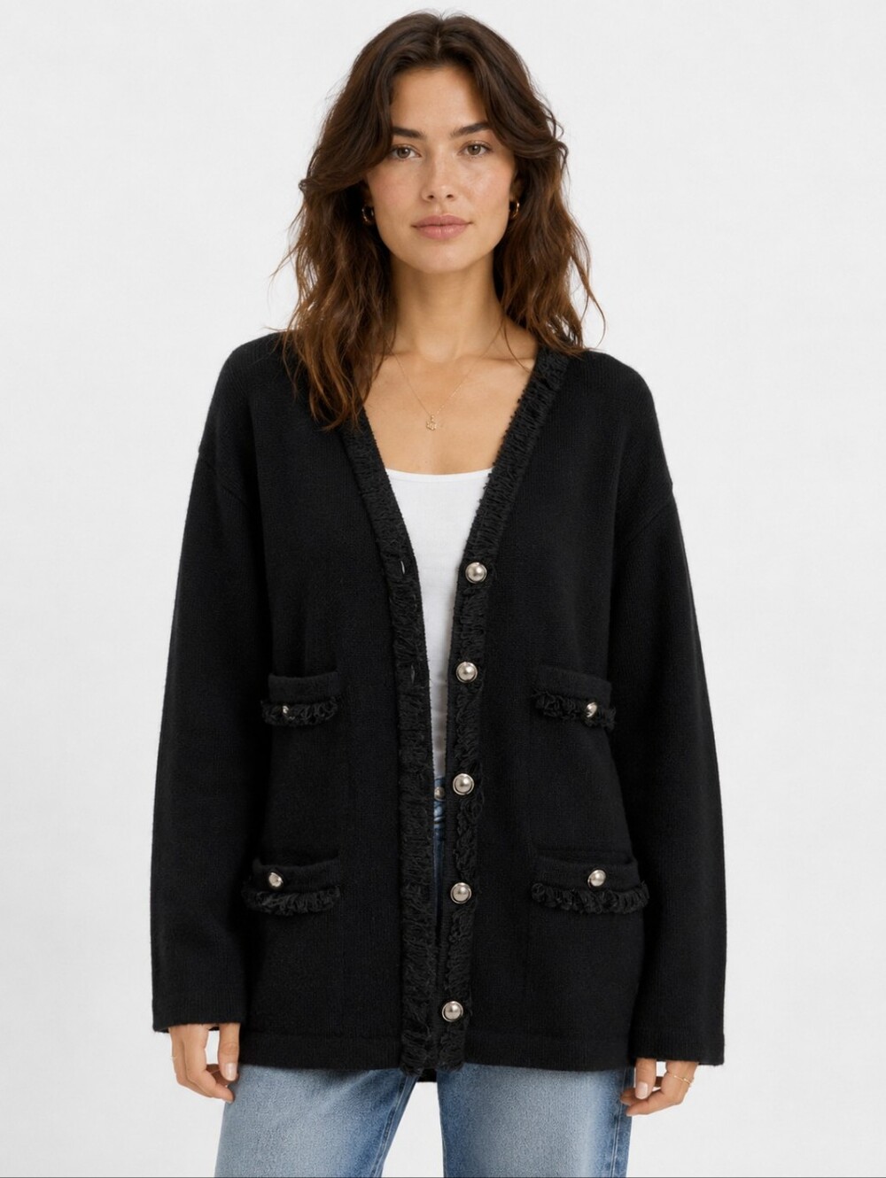 Vintage Andrea Gayle Petites Black Wool Blend Fringe Cardigan Buttons L